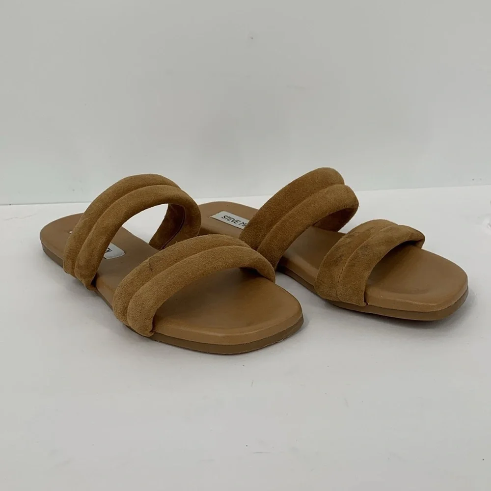 Steve Madden Wizen double strap slide sandal shoe flat brown suede mule puffy 9